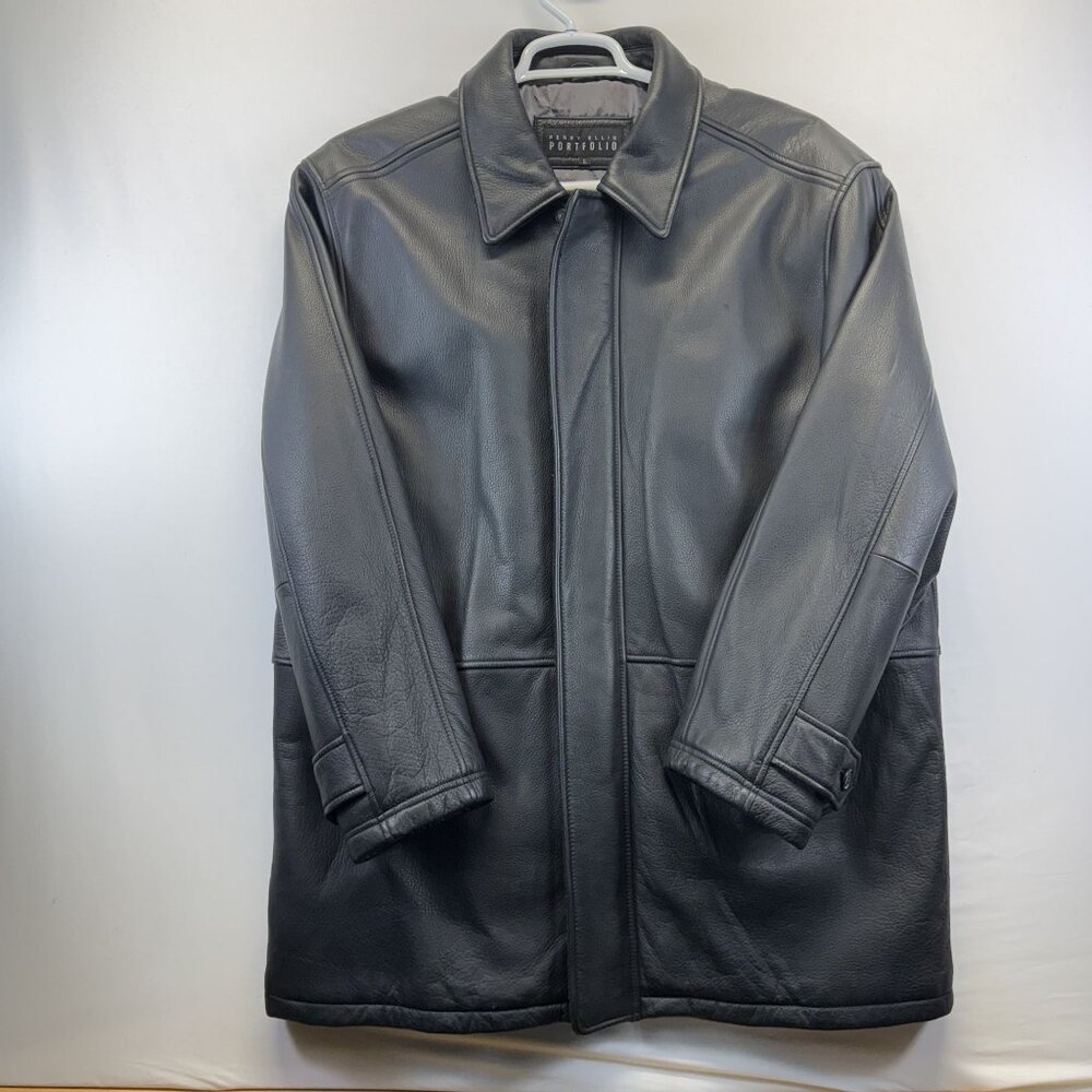 Perry Ellis Black Leather Jacket Mens XL Zipper & Snap Closure Quilted Lining - Picture 2 of 10